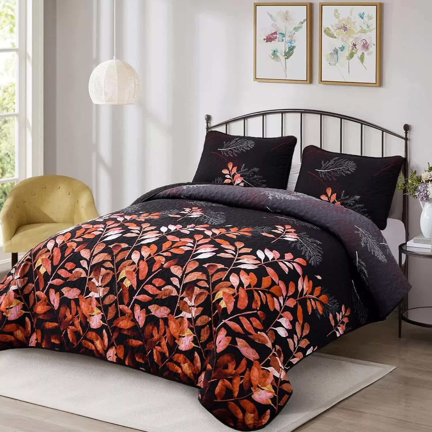 Quilts & Duvets: Black and Red  Leaves Quilted Bedspread & Pillowcase Set