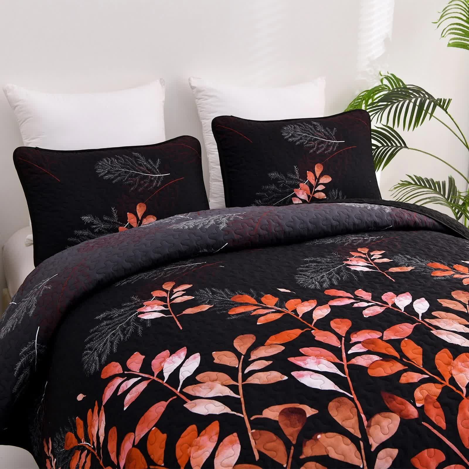 Quilts & Duvets: Black and Red  Leaves Quilted Bedspread & Pillowcase Set