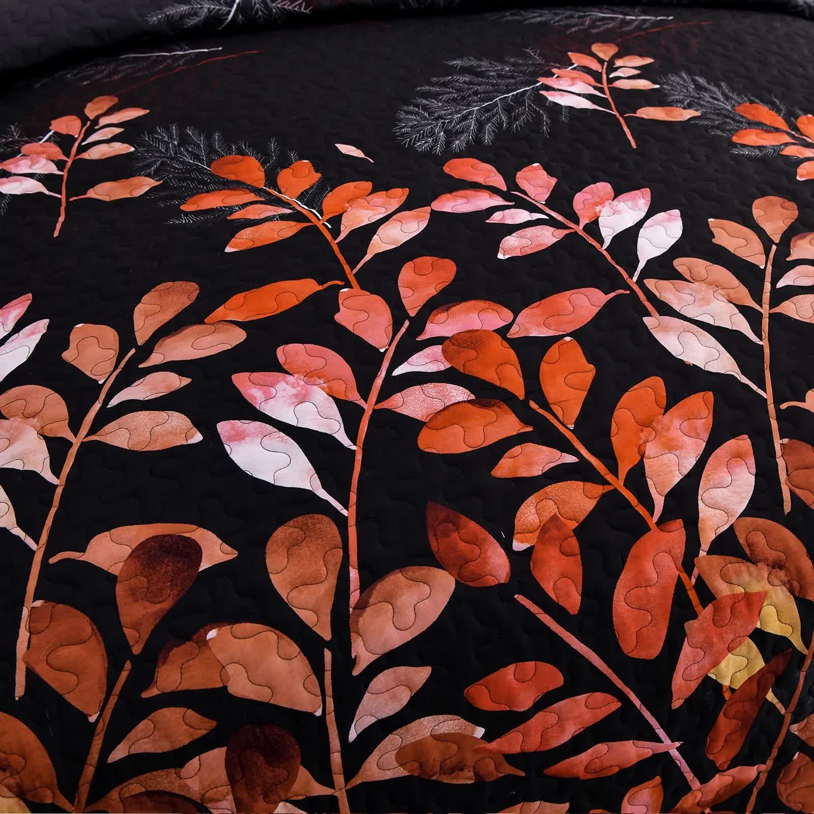 Quilts & Duvets: Black and Red  Leaves Quilted Bedspread & Pillowcase Set