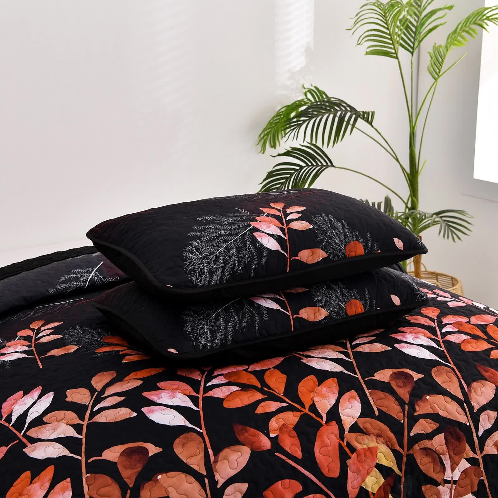 Quilts & Duvets: Black and Red  Leaves Quilted Bedspread & Pillowcase Set