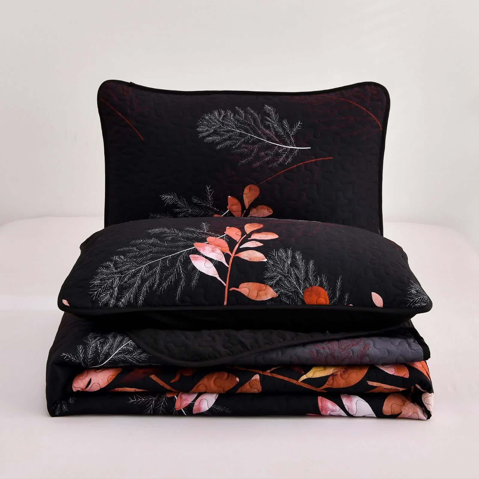 Quilts & Duvets: Black and Red  Leaves Quilted Bedspread & Pillowcase Set