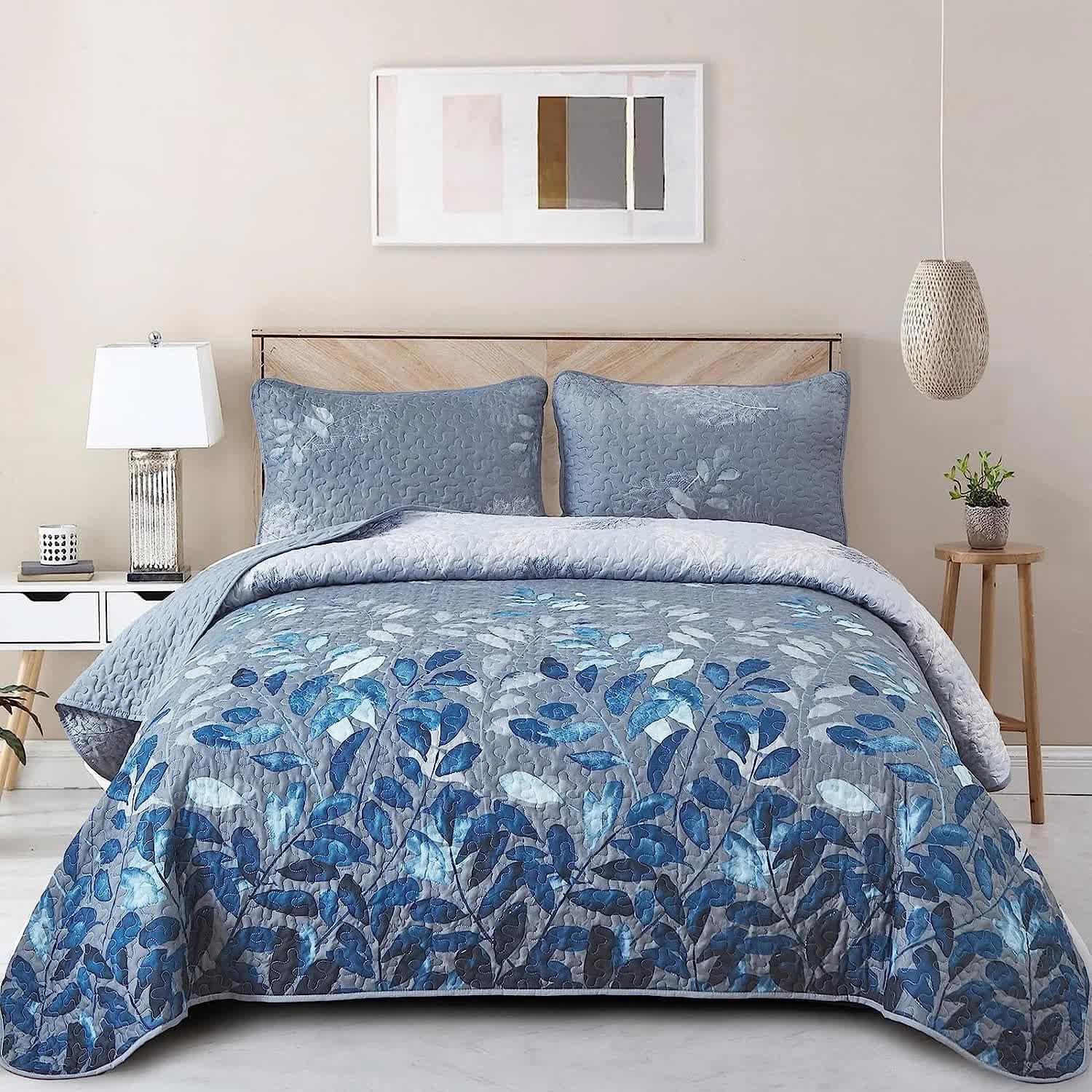 Quilts & Duvets: Blue Garden Coverlet Set with Quilted Floral Pattern and Pillowcases