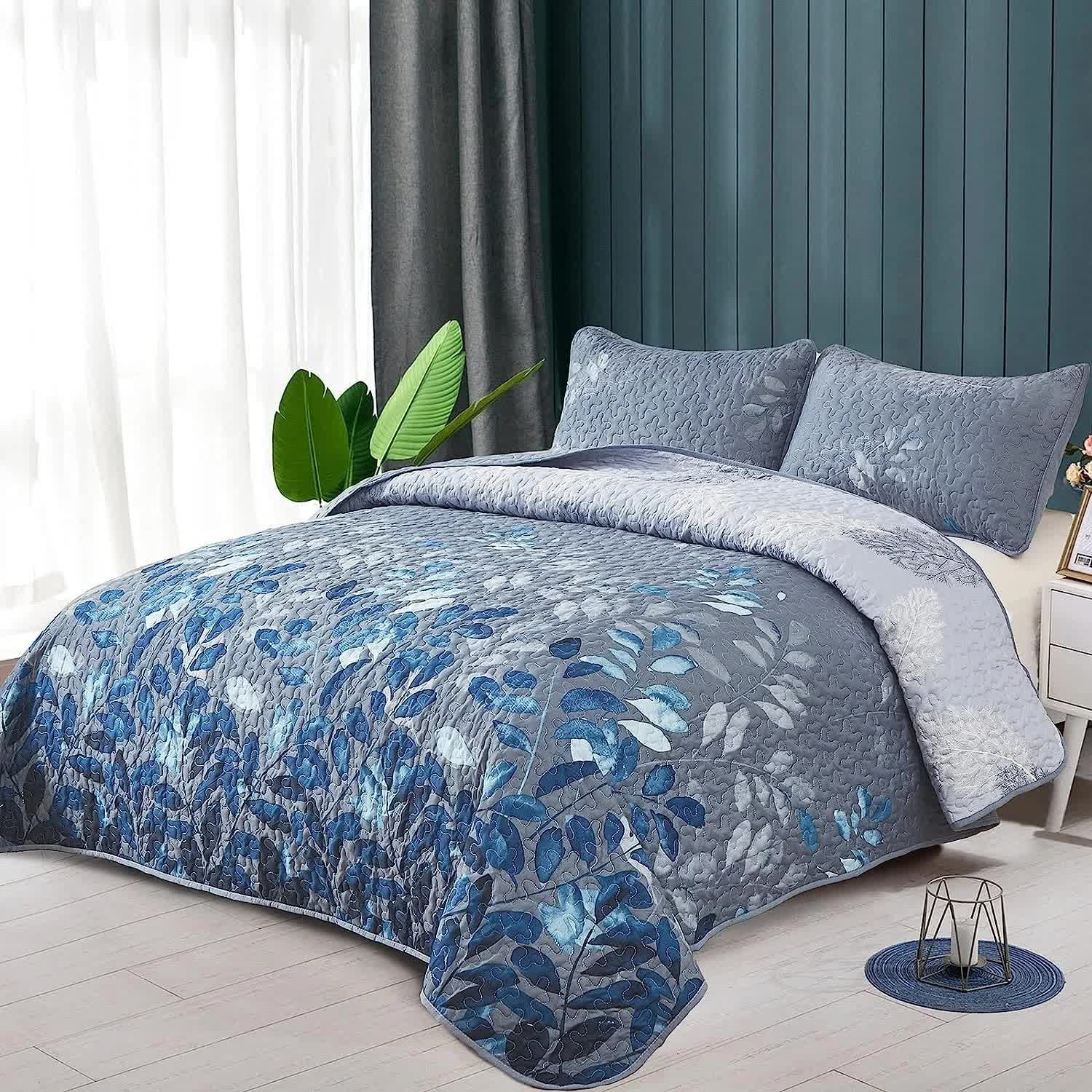 Quilts & Duvets: Blue Garden Coverlet Set with Quilted Floral Pattern and Pillowcases