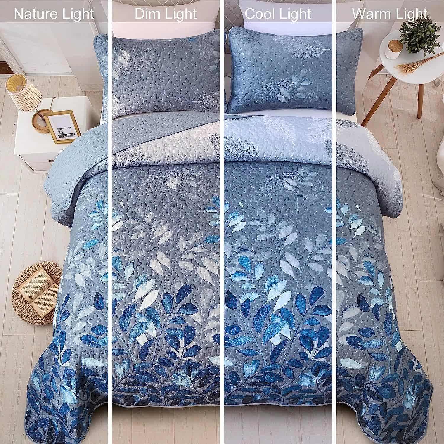 Quilts & Duvets: Blue Garden Coverlet Set with Quilted Floral Pattern and Pillowcases