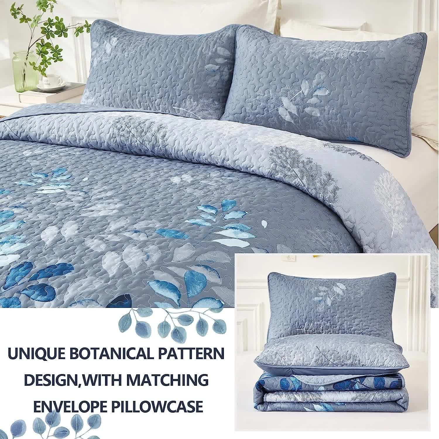 Quilts & Duvets: Blue Garden Coverlet Set with Quilted Floral Pattern and Pillowcases