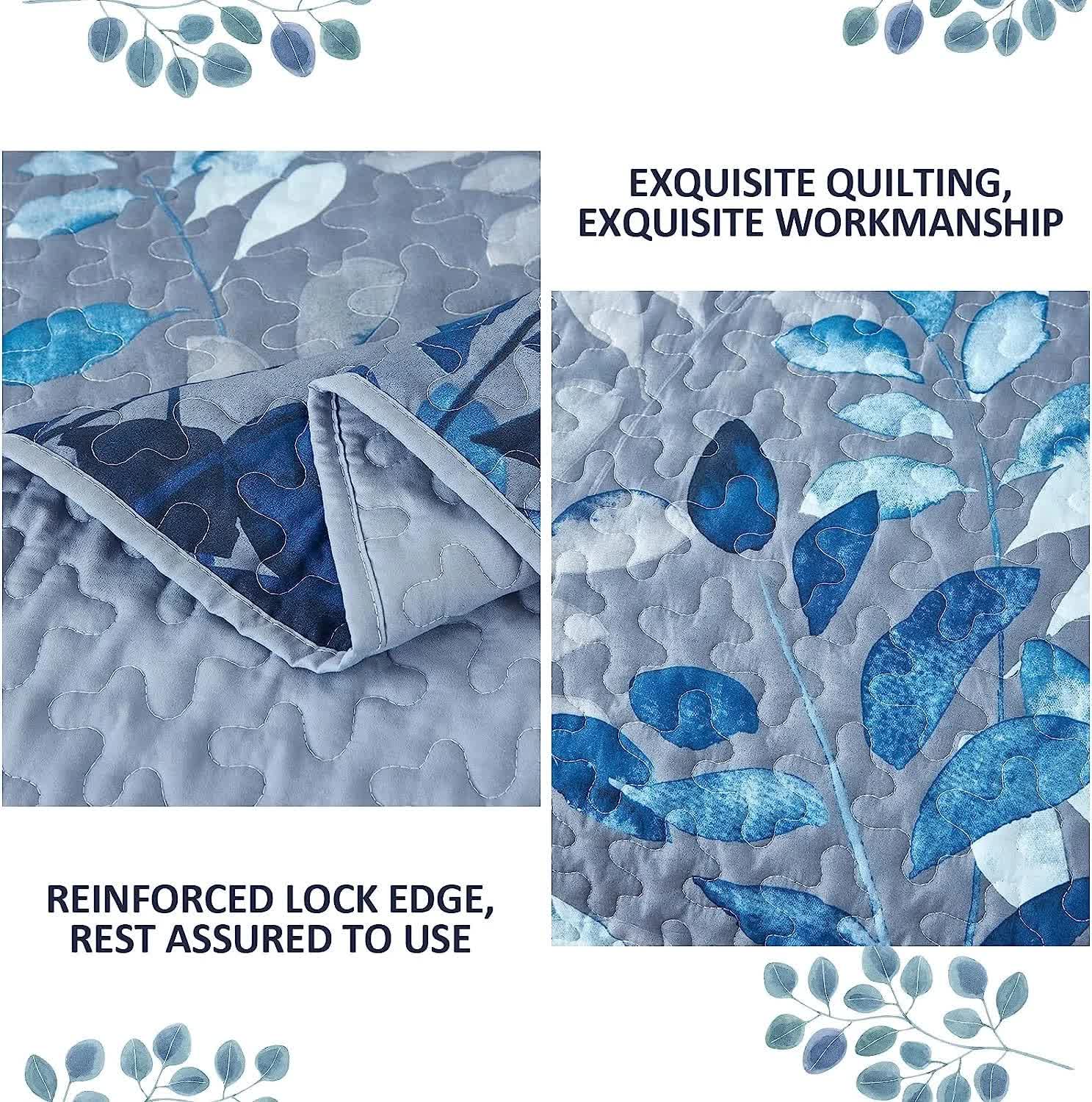 Quilts & Duvets: Blue Garden Coverlet Set with Quilted Floral Pattern and Pillowcases