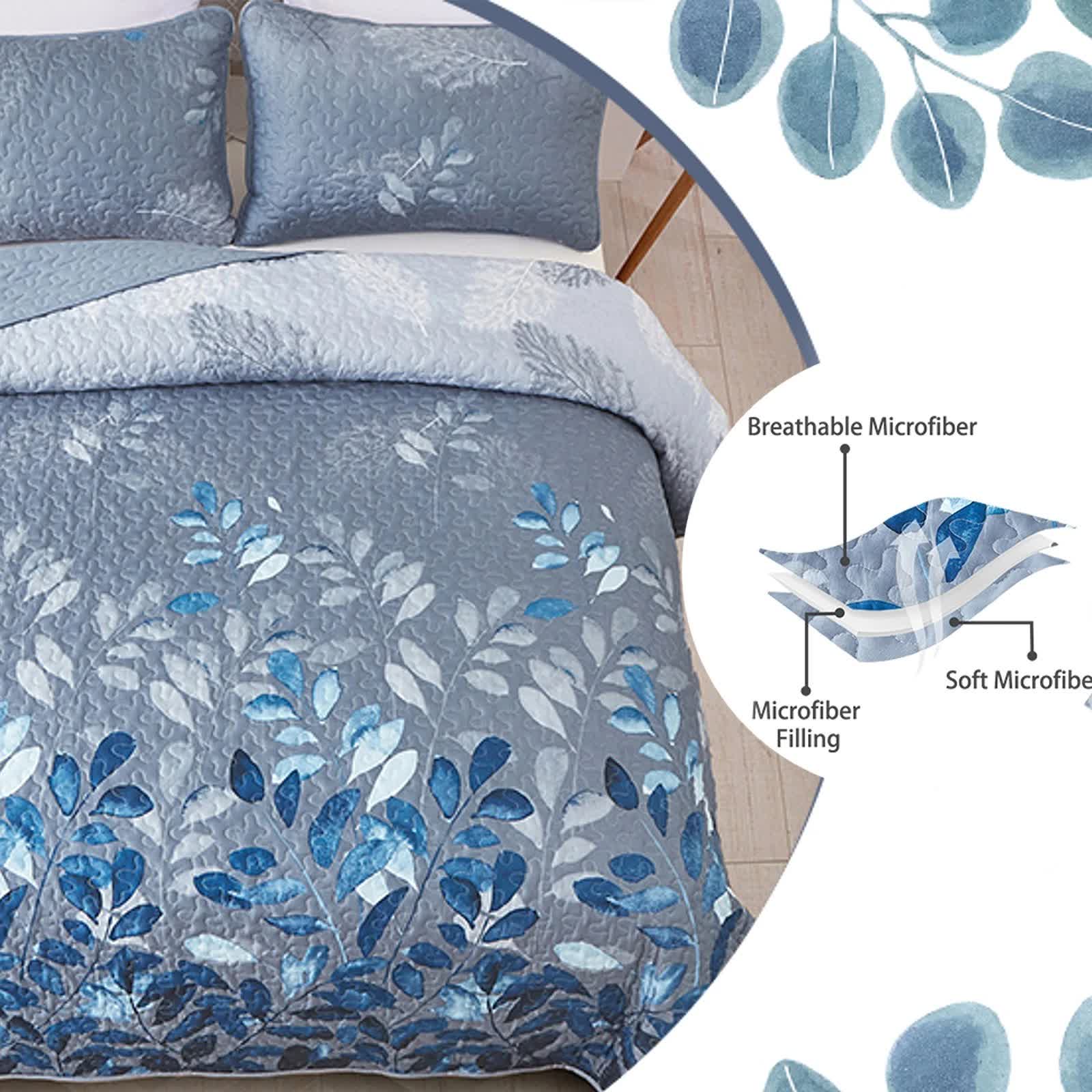 Quilts & Duvets: Blue Garden Coverlet Set with Quilted Floral Pattern and Pillowcases