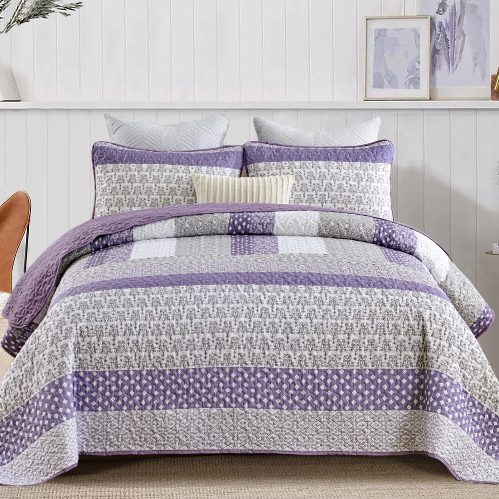Quilts & Duvets: Bohemian Purple and White Quilted Bedspread or Coverlet Set and matching pillowcases