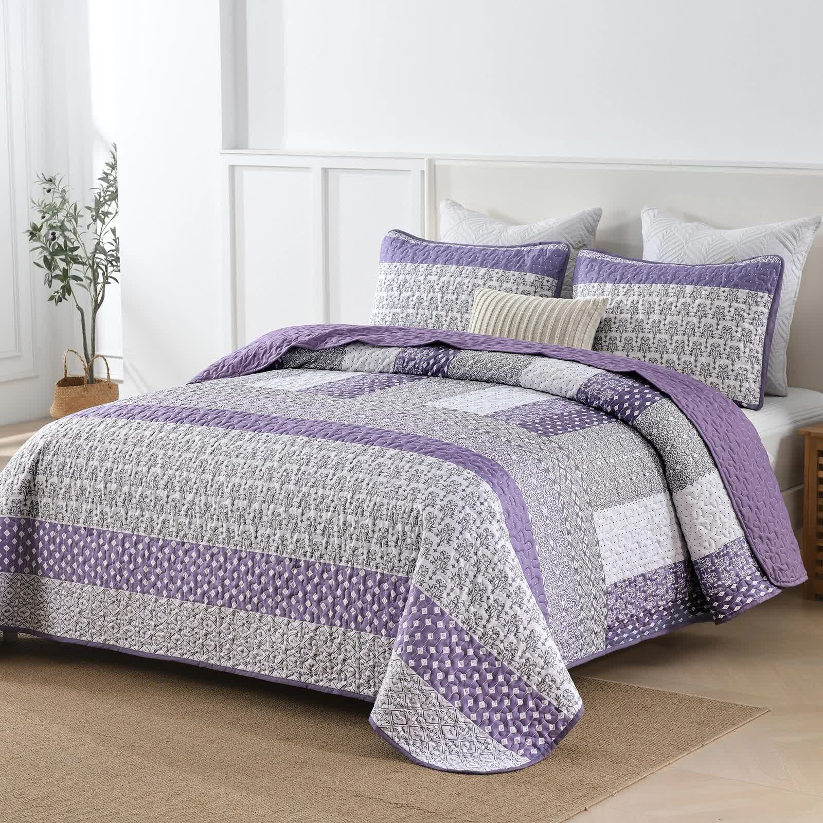 Quilts & Duvets: Bohemian Purple and White Quilted Bedspread or Coverlet Set and matching pillowcases