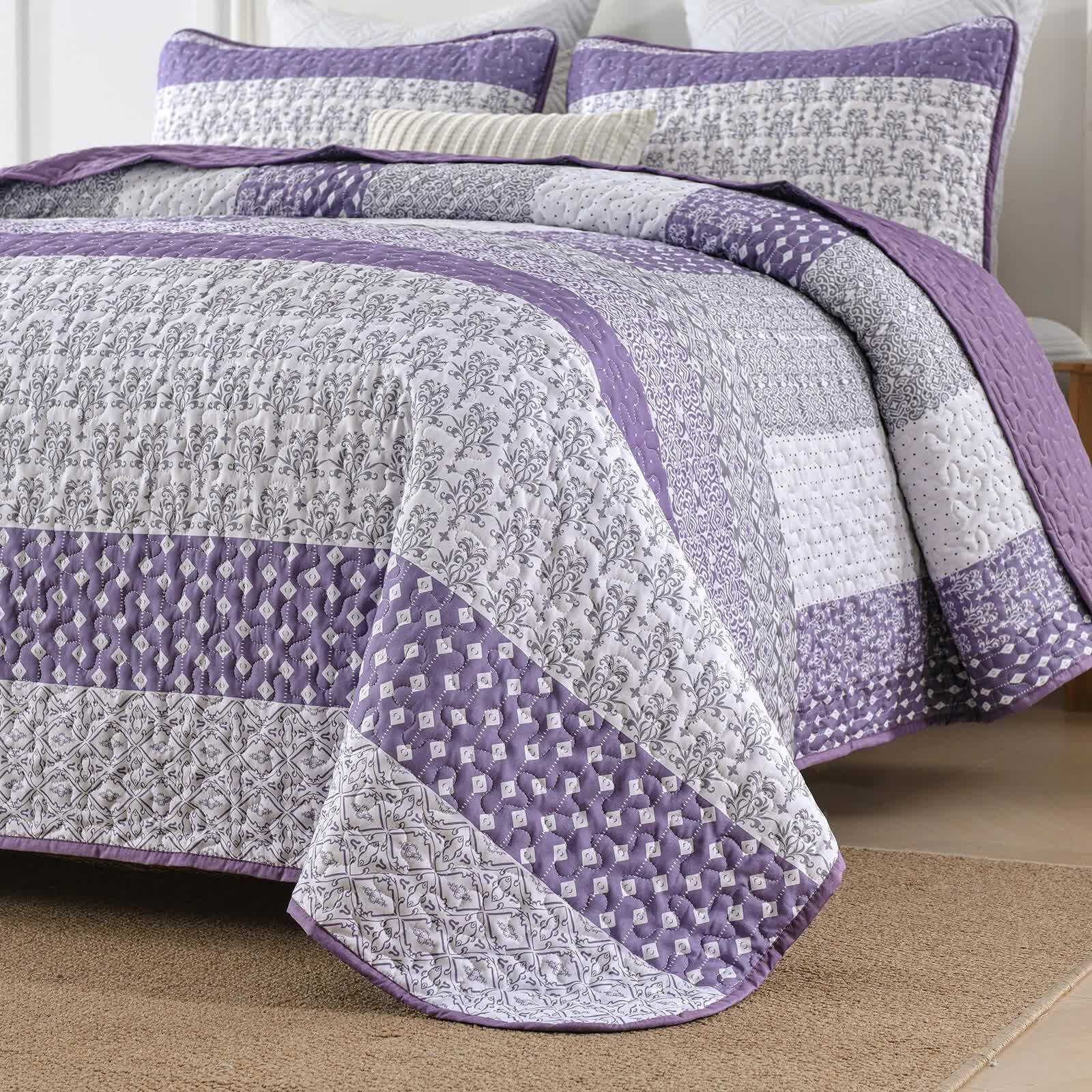 Quilts & Duvets: Bohemian Purple and White Quilted Bedspread or Coverlet Set and matching pillowcases