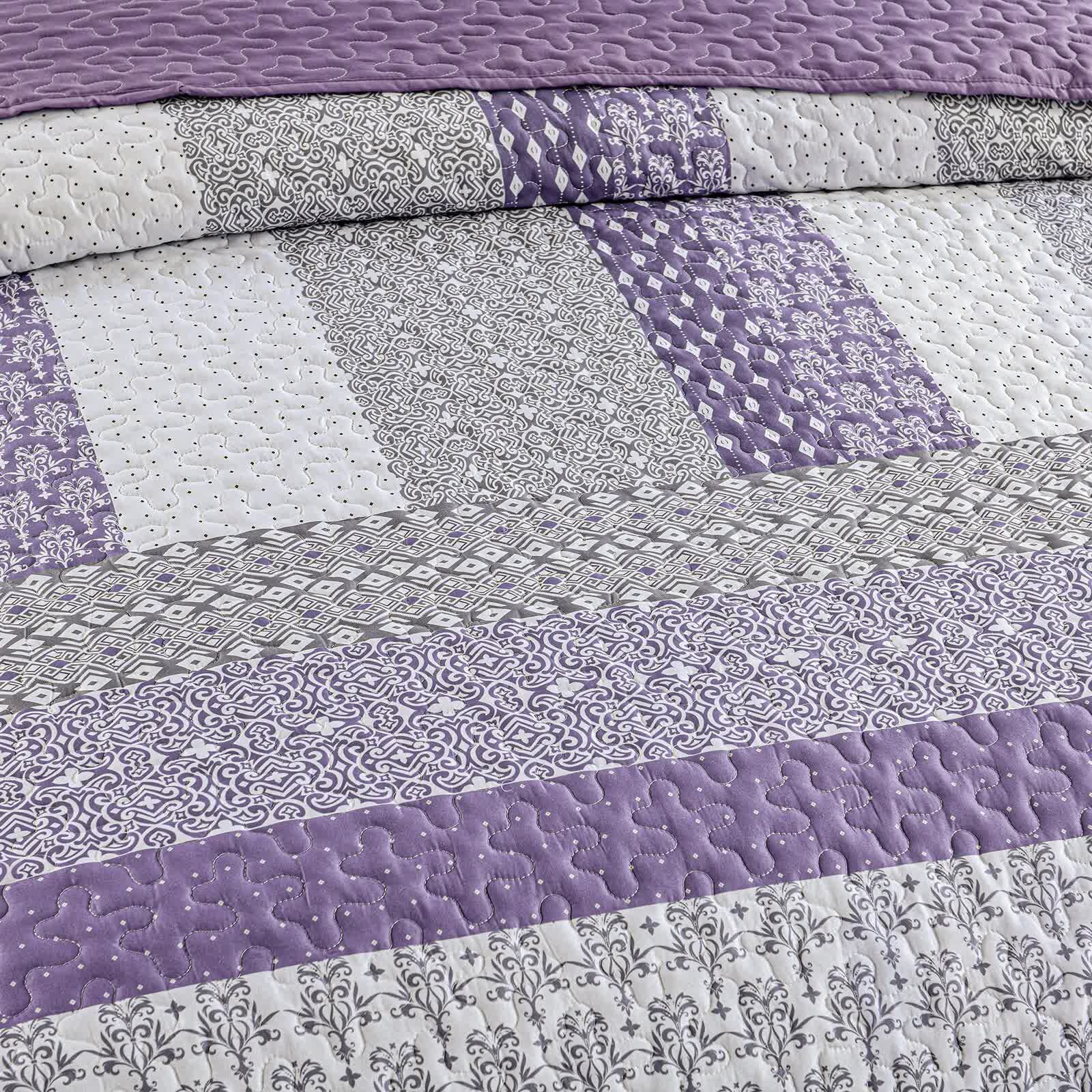 Quilts & Duvets: Bohemian Purple and White Quilted Bedspread or Coverlet Set and matching pillowcases