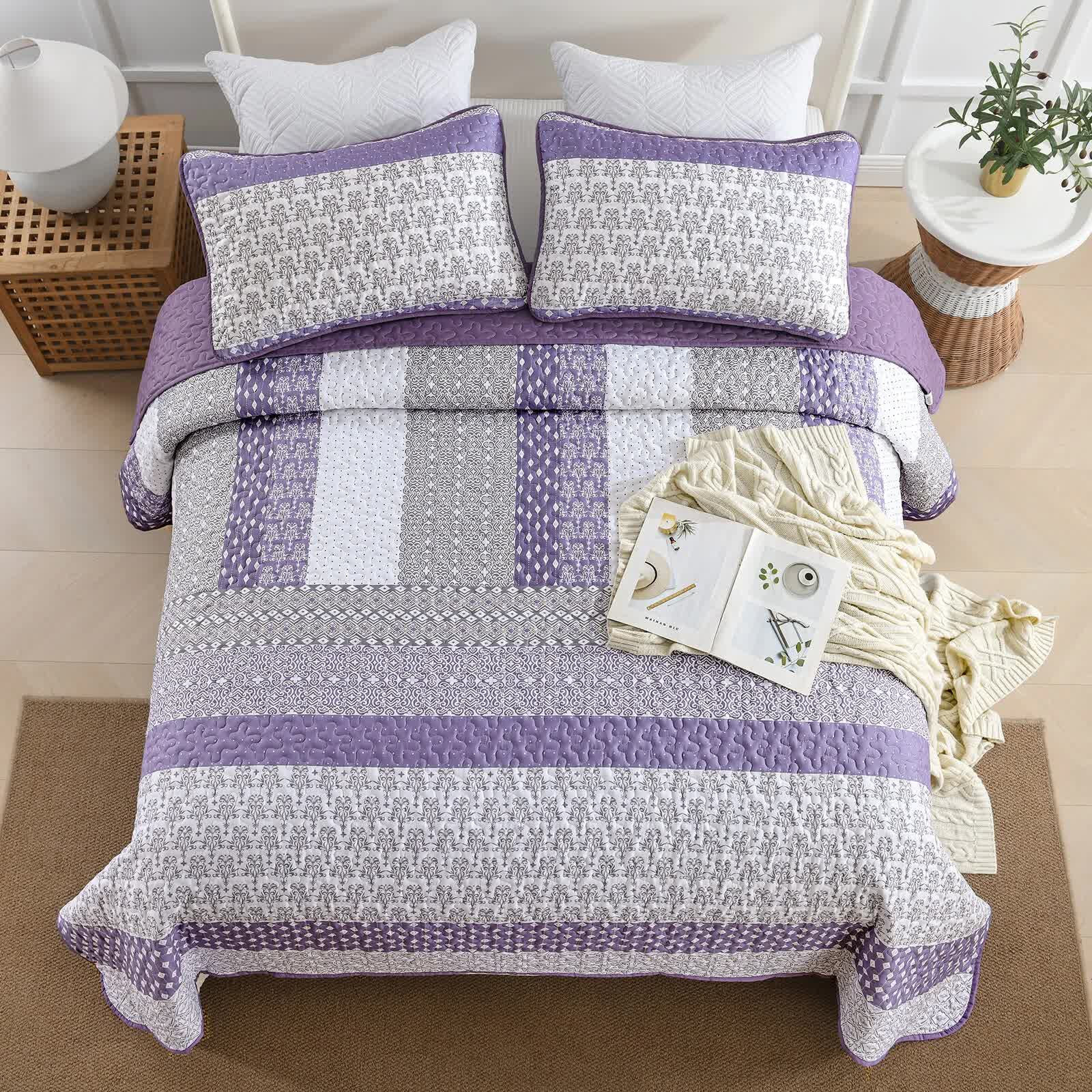 Quilts & Duvets: Bohemian Purple and White Quilted Bedspread or Coverlet Set and matching pillowcases