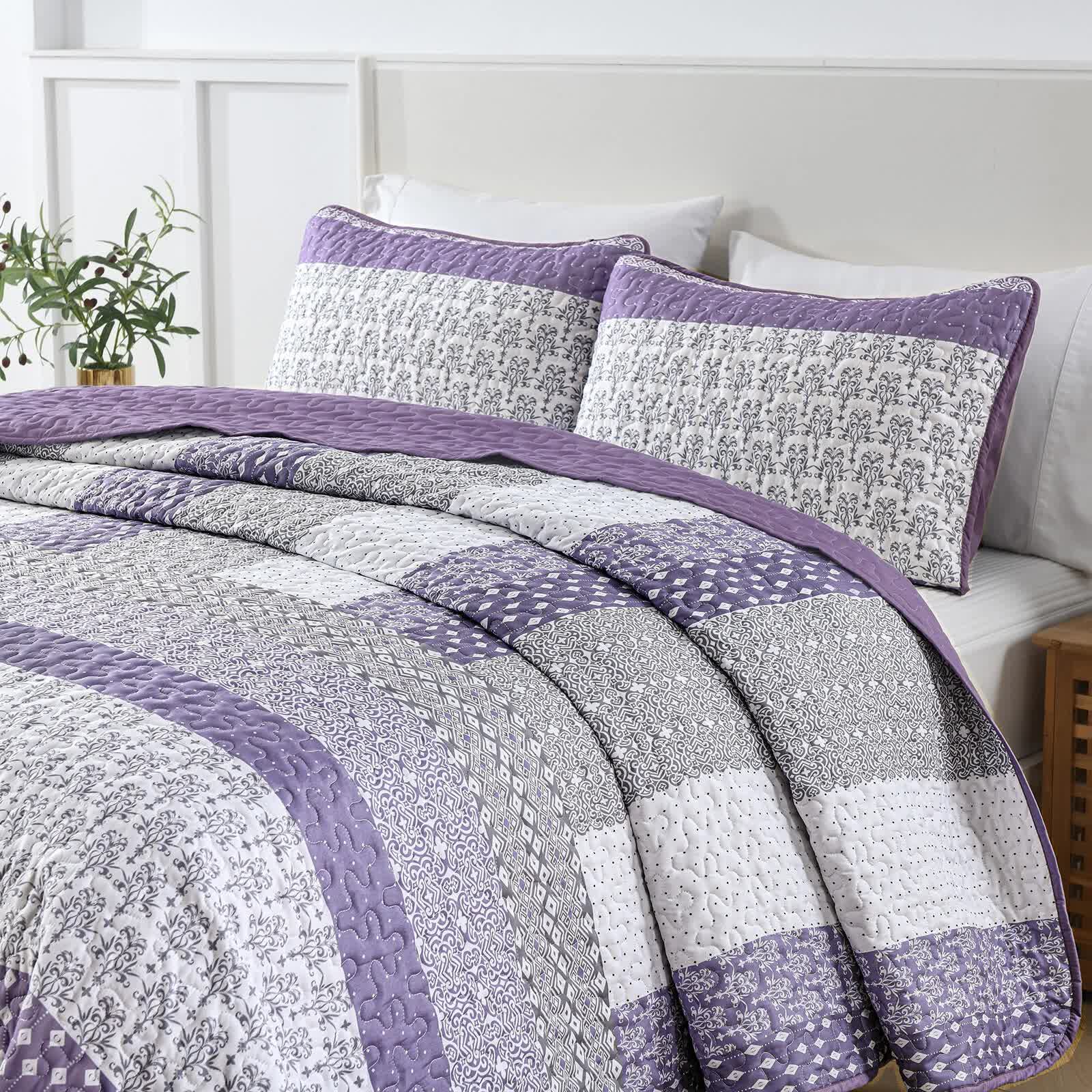 Quilts & Duvets: Bohemian Purple and White Quilted Bedspread or Coverlet Set and matching pillowcases