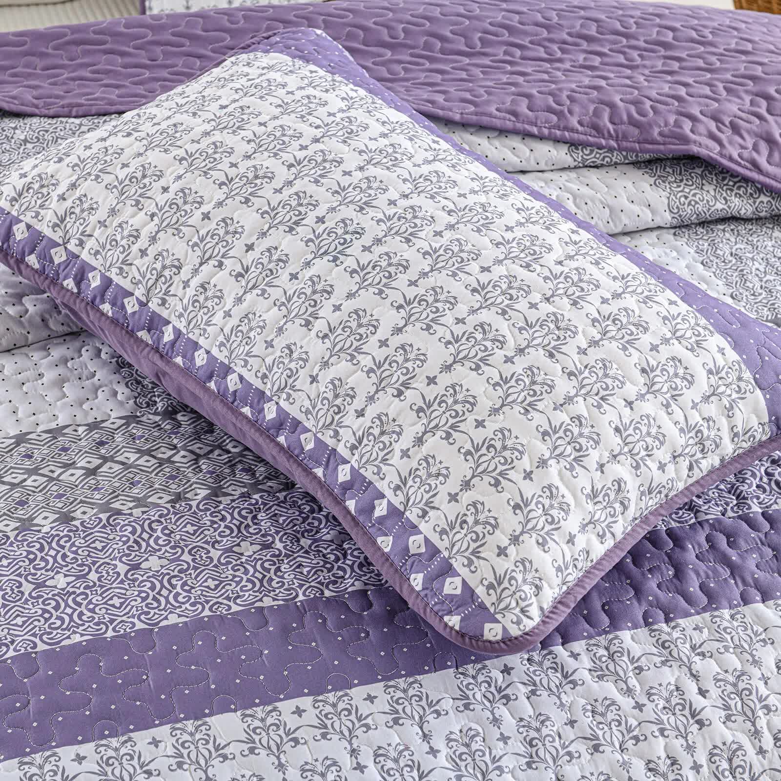 Quilts & Duvets: Bohemian Purple and White Quilted Bedspread or Coverlet Set and matching pillowcases