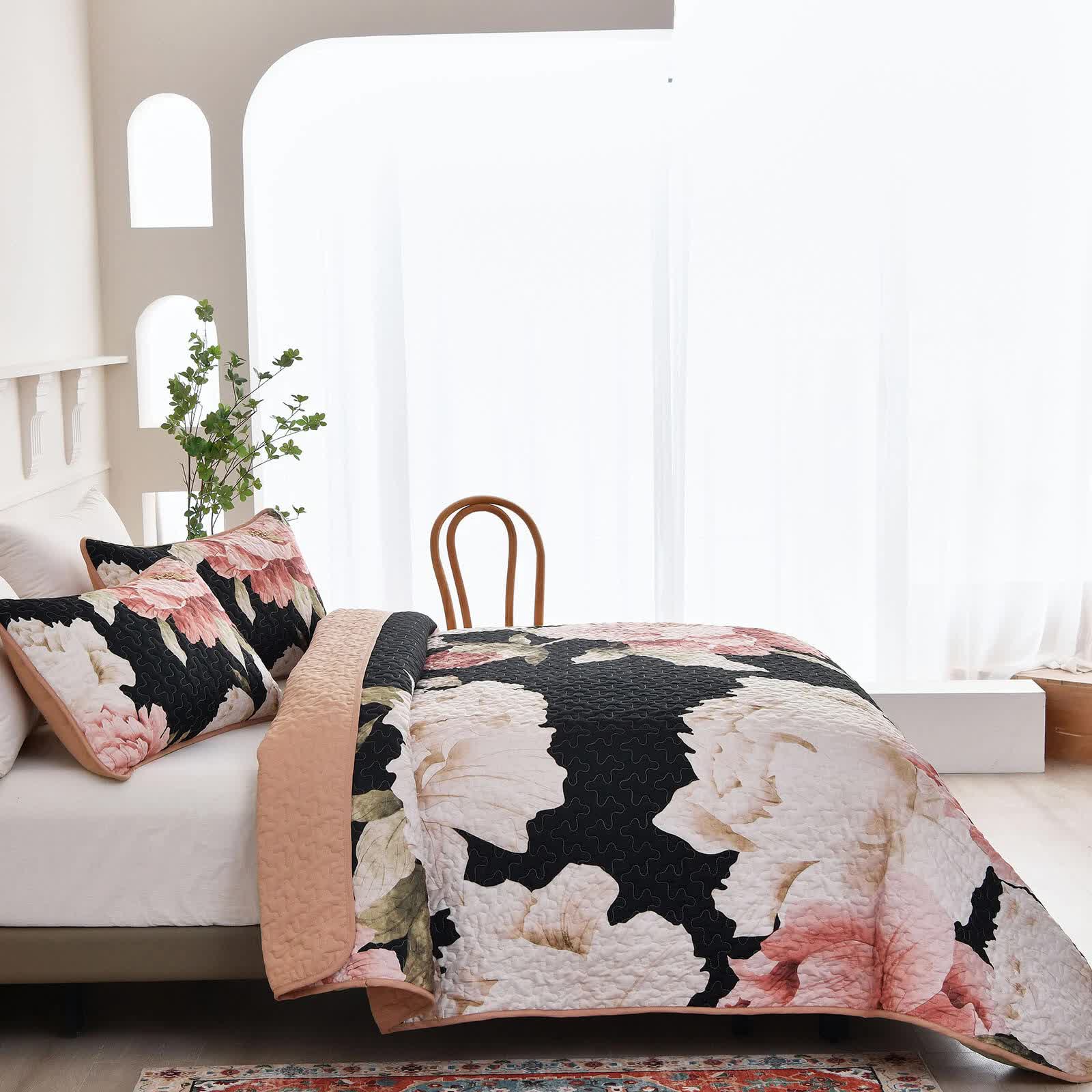 Quilts & Duvets: Blossom Trio Quilted Coverlet Set with Pillowcases (Black, Red & Pink