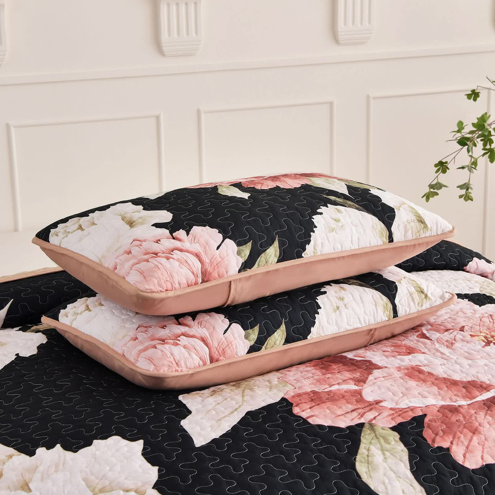 Quilts & Duvets: Blossom Trio Quilted Coverlet Set with Pillowcases (Black, Red & Pink