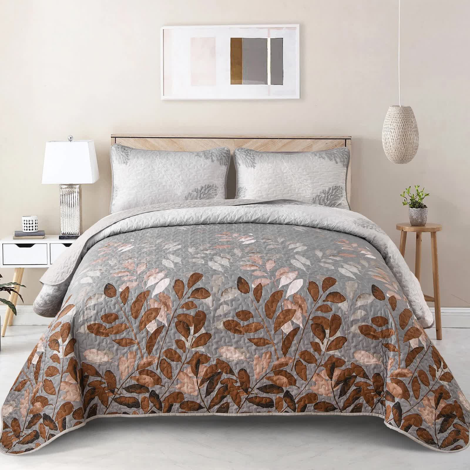 Quilts & Duvets: Brown Verdant Quilted Ensemble with Flower Motifs bedspread  and Pillowcases