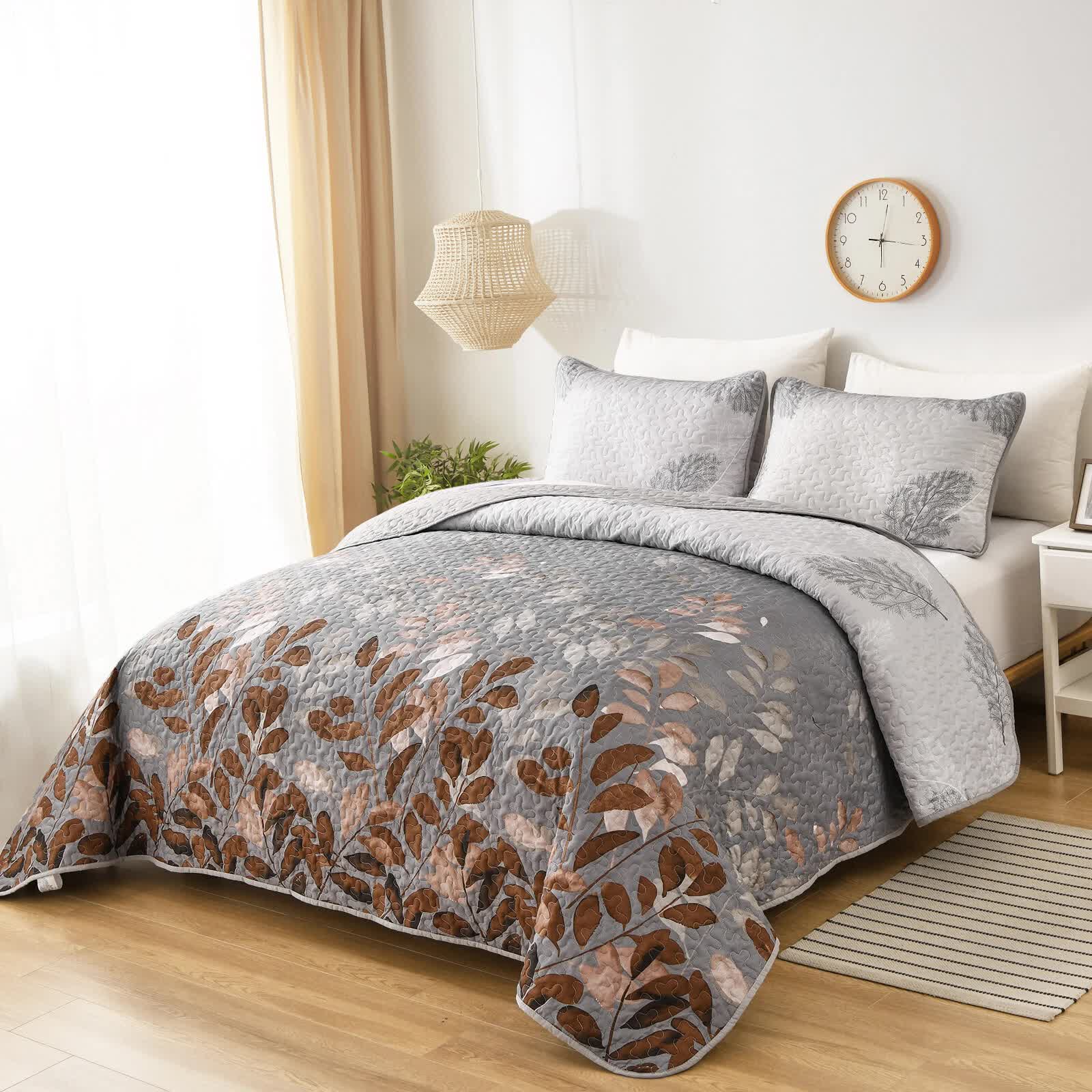 Quilts & Duvets: Brown Verdant Quilted Ensemble with Flower Motifs bedspread  and Pillowcases