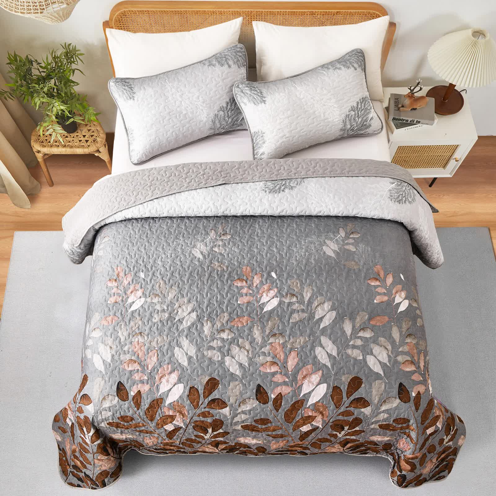 Quilts & Duvets: Brown Verdant Quilted Ensemble with Flower Motifs bedspread  and Pillowcases