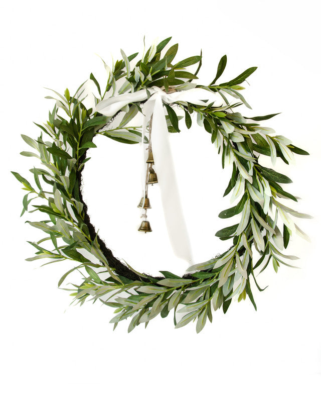 Christmas Wreaths & Garlands: OLIVE WREATH WITH BOW & BELL 61CM
