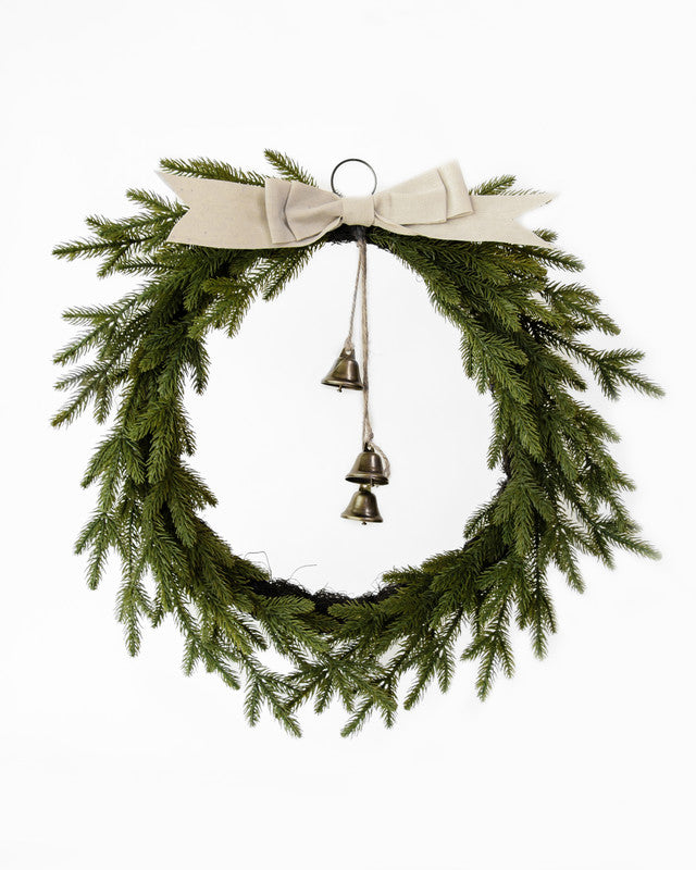 Christmas Wreaths & Garlands: PINE WREATH W/BOW & BELL 50CM