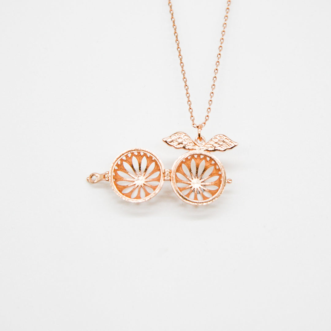 Women's Jewellery: Gift Box - Angel Ball Rose Gold Aroma Necklace + Purify Oil Blend
