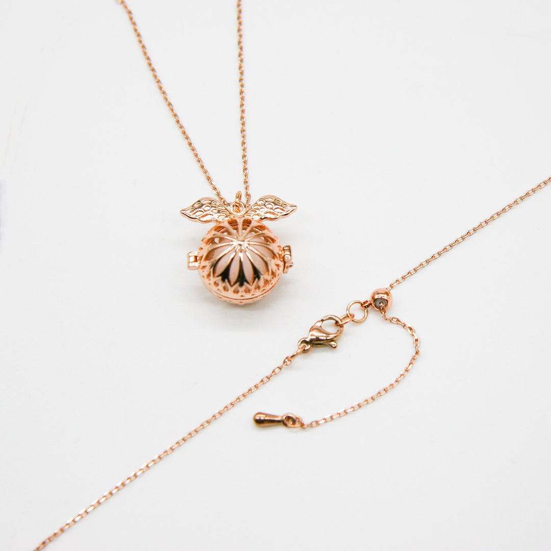 Women's Jewellery: Gift Box - Angel Ball Rose Gold Aroma Necklace + Purify Oil Blend