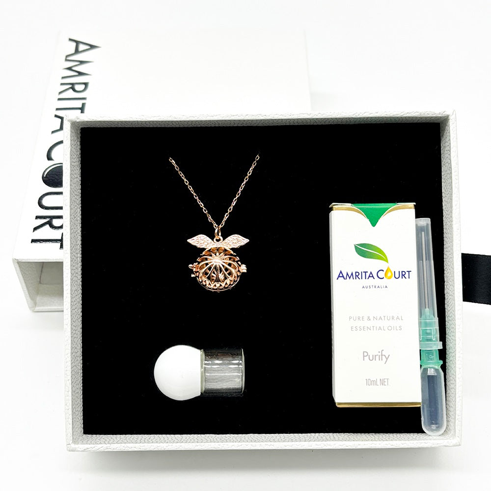 Women's Jewellery: Gift Box - Angel Ball Rose Gold Aroma Necklace + Purify Oil Blend