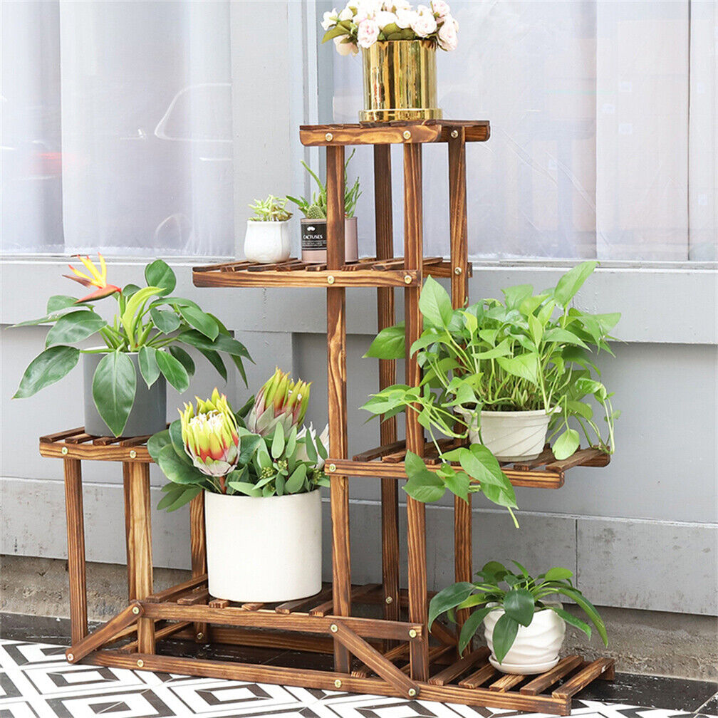 Gardening Accessories: 6-Tier Rustic Wooden Step Plant Stand