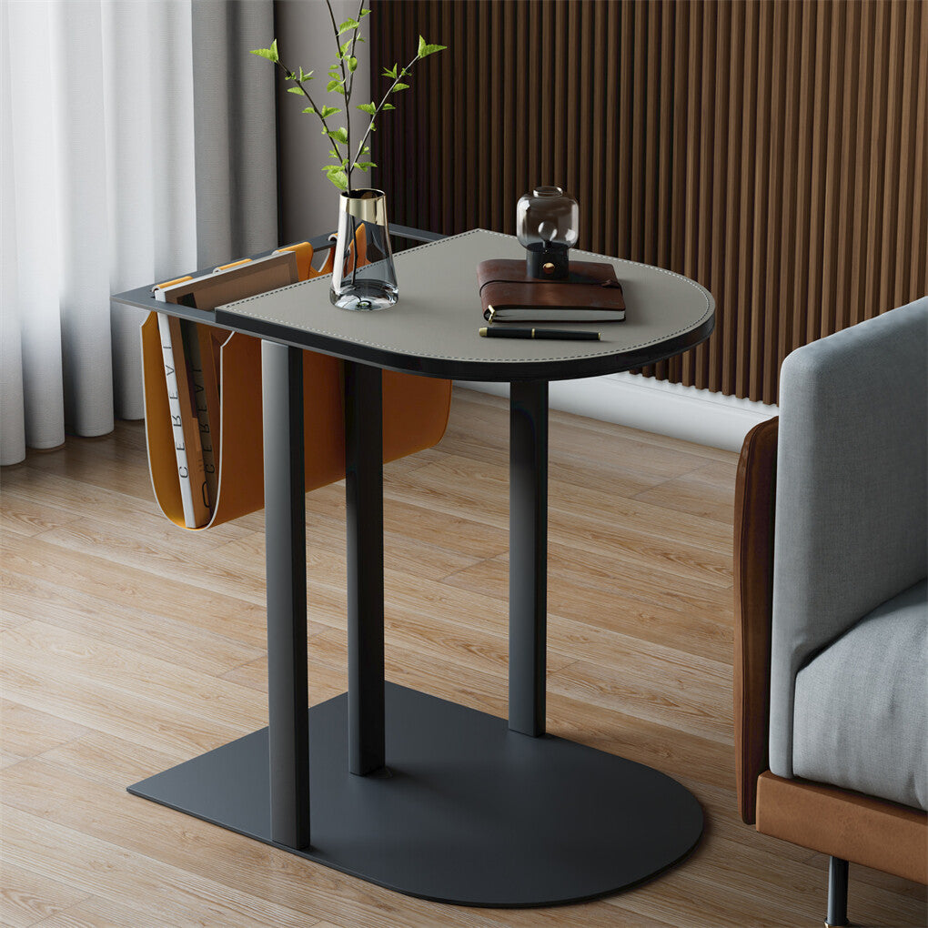 Luxury C Shaped End Table Small Accent Table Faux Leather Top With Storage Bag