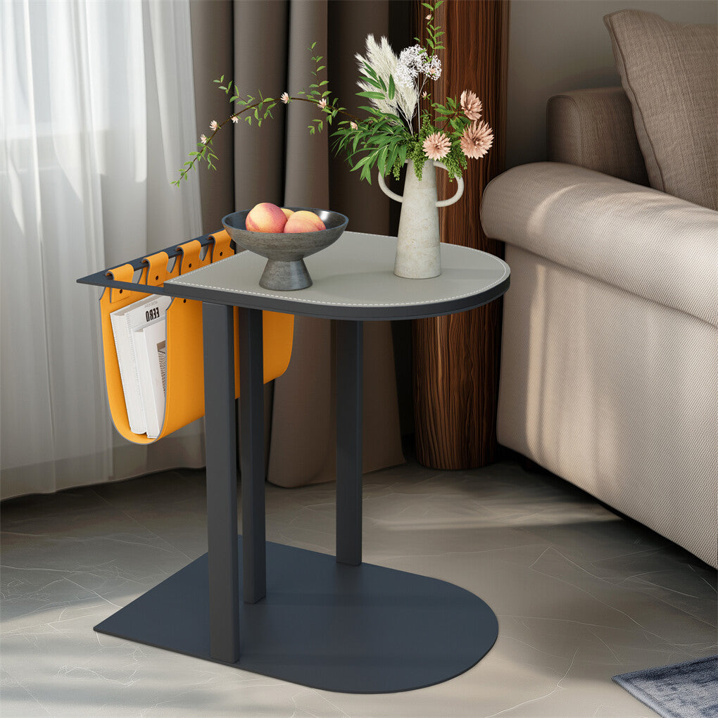 Luxury C Shaped End Table Small Accent Table Faux Leather Top With Storage Bag