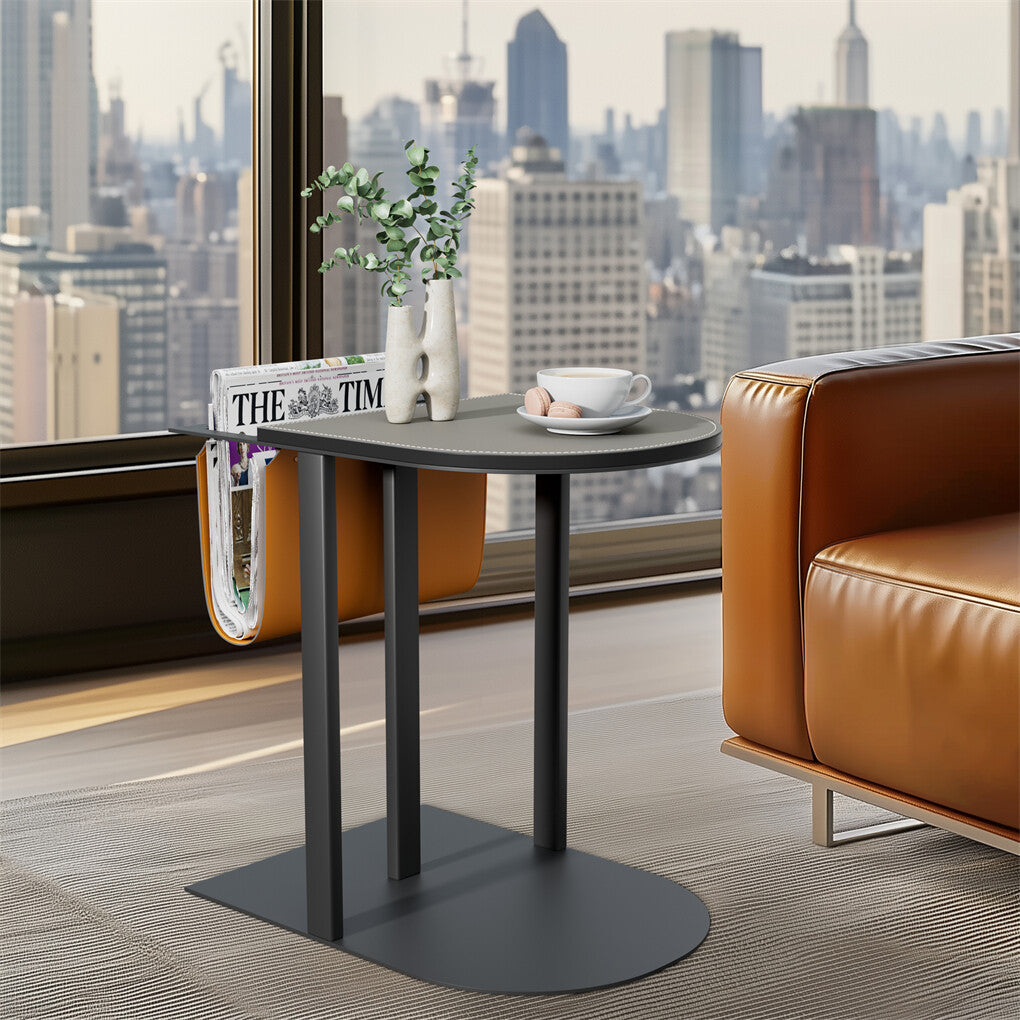 Luxury C Shaped End Table Small Accent Table Faux Leather Top With Storage Bag