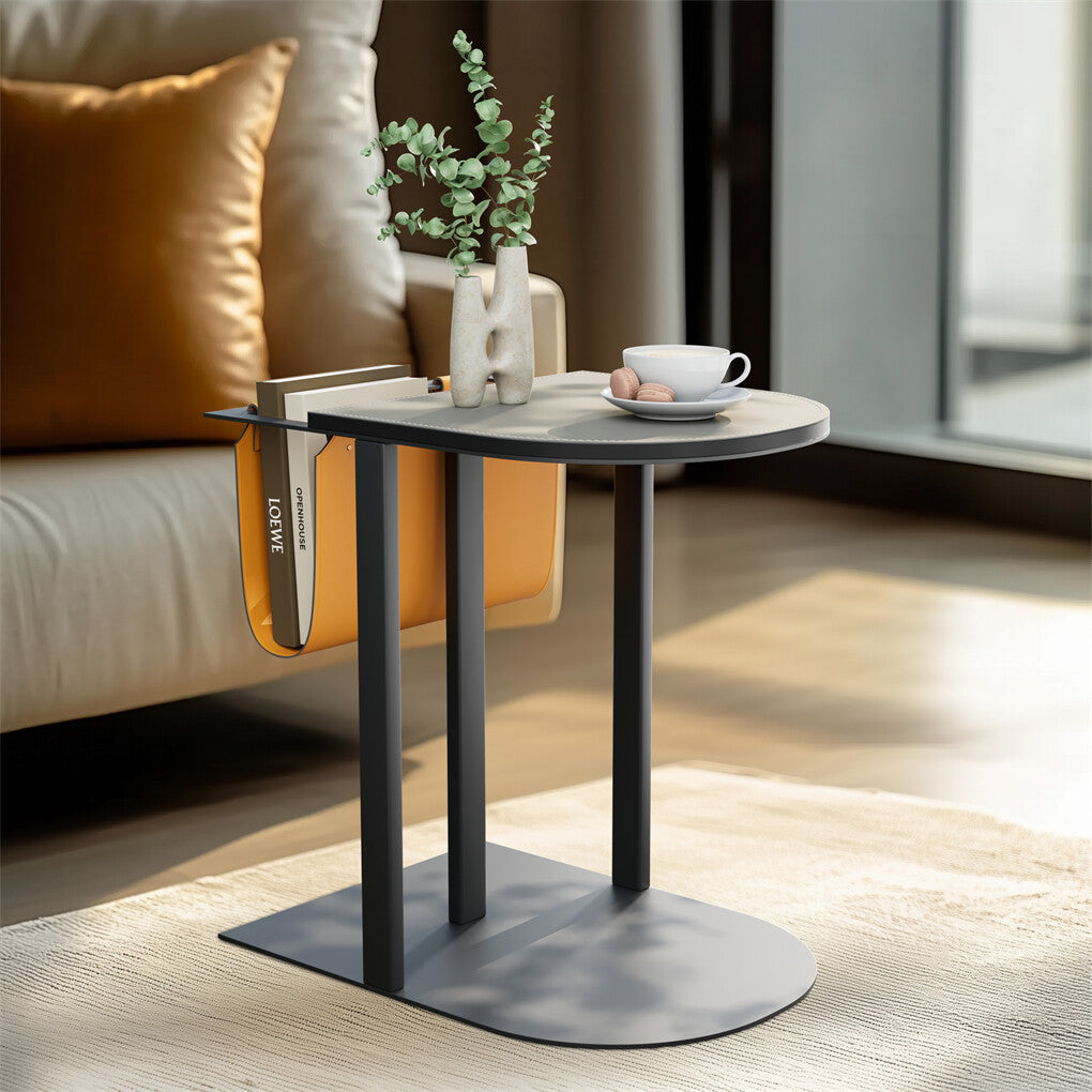 Luxury C Shaped End Table Small Accent Table Faux Leather Top With Storage Bag
