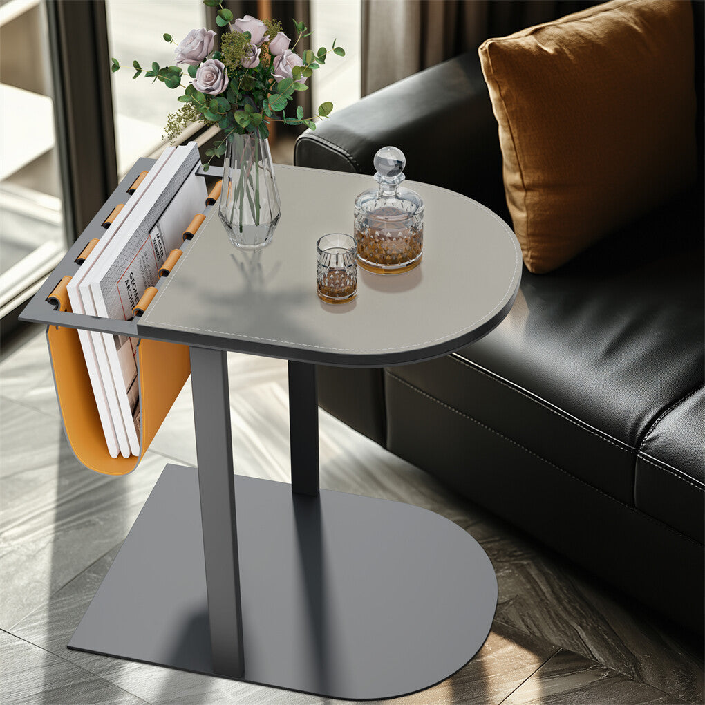 Luxury C Shaped End Table Small Accent Table Faux Leather Top With Storage Bag