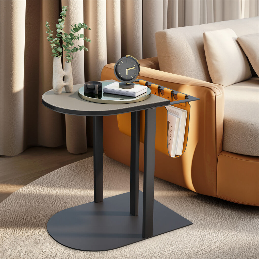 Luxury C Shaped End Table Small Accent Table Faux Leather Top With Storage Bag