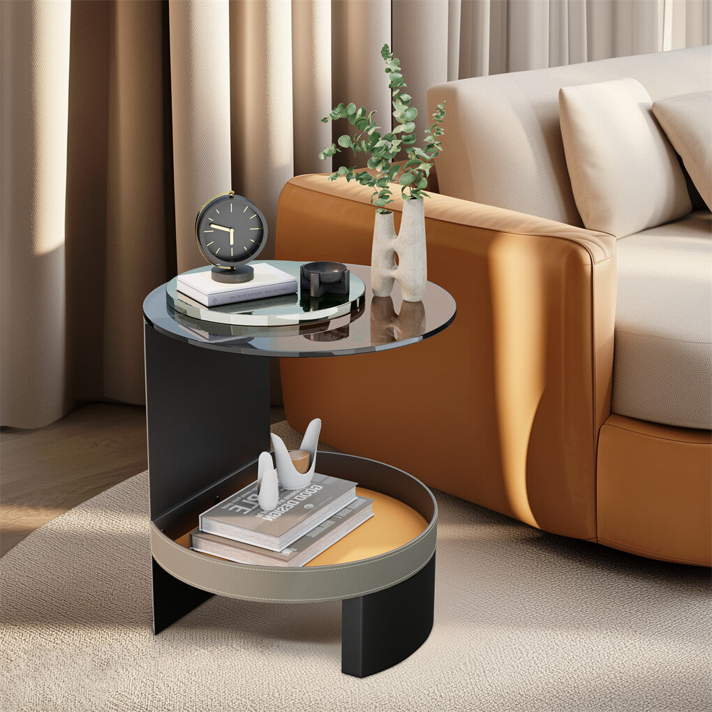 2 Tier Luxury Side End Table Glass Top Saddle Leather Storage Shelf Accent Table