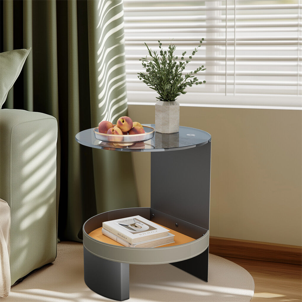2 Tier Luxury Side End Table Glass Top Saddle Leather Storage Shelf Accent Table