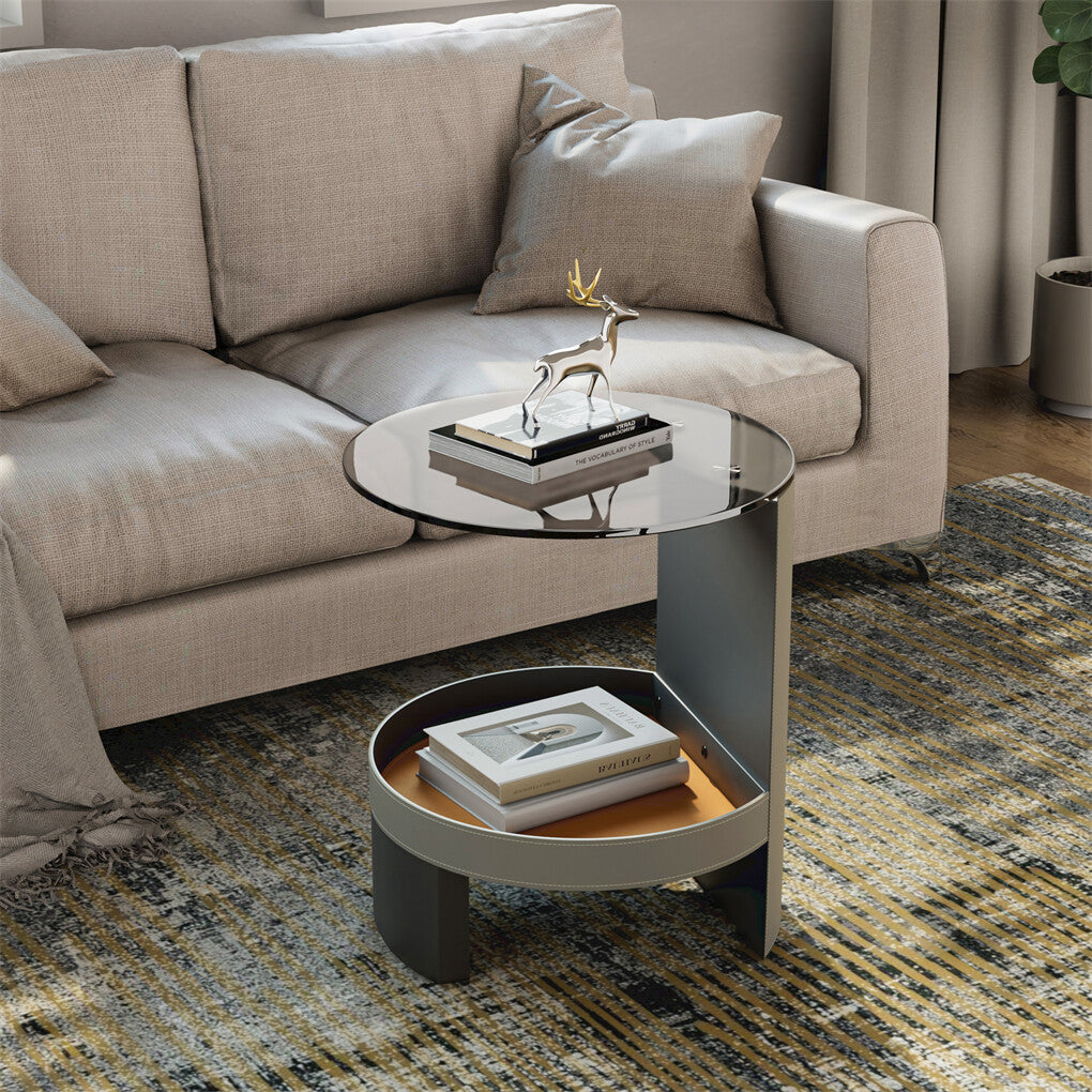 2 Tier Luxury Side End Table Glass Top Saddle Leather Storage Shelf Accent Table