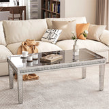 Coffee Tables: Silver Mirrored Coffee Table with Crushed Crystal Diamond Inlay Rectangular Center Table for Living Room
