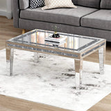Coffee Tables: Silver Mirrored Coffee Table with Crushed Crystal Diamond Inlay Rectangular Center Table for Living Room
