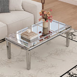 Coffee Tables: Silver Mirrored Coffee Table with Crushed Crystal Diamond Inlay Rectangular Center Table for Living Room