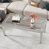 Coffee Tables: Silver Mirrored Coffee Table with Crushed Crystal Diamond Inlay Rectangular Center Table for Living Room