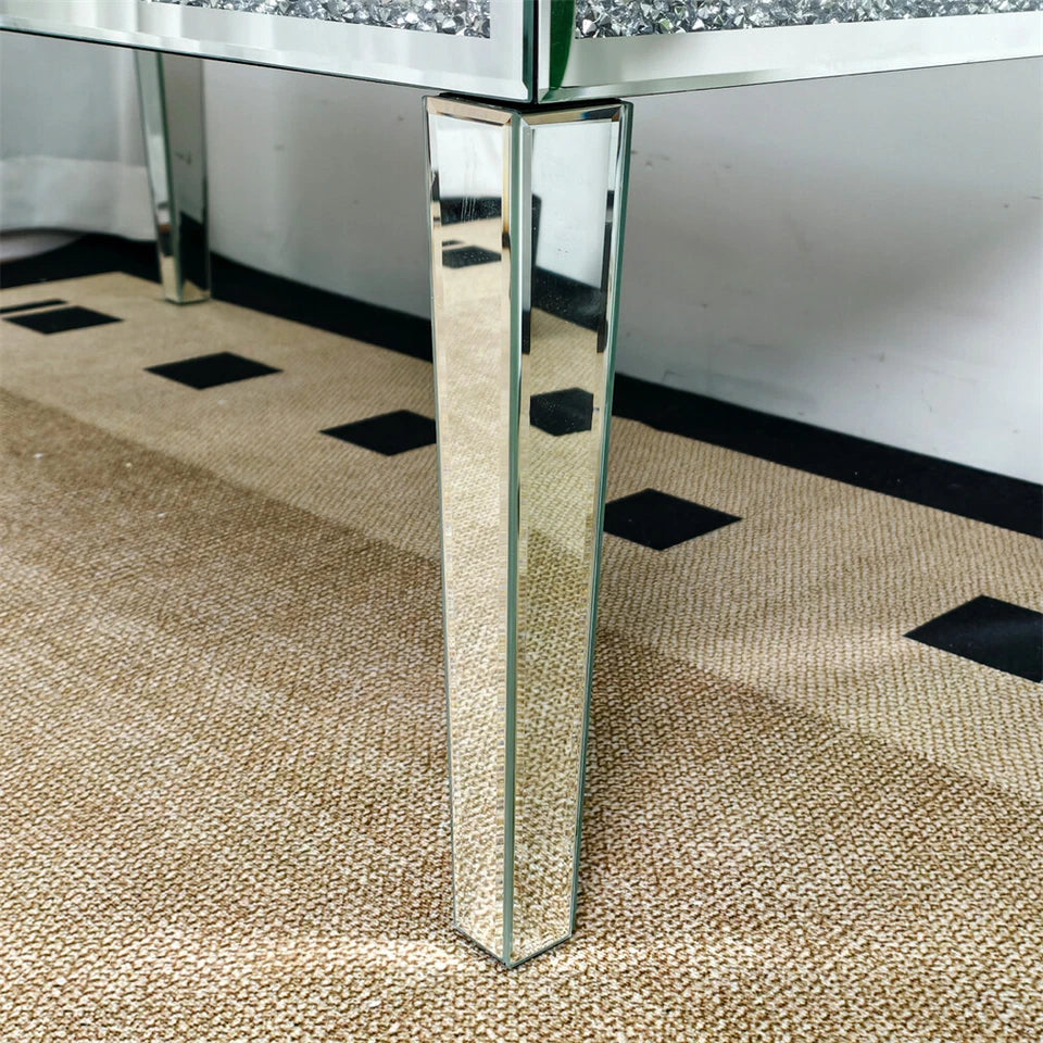 Silver Mirrored Coffee Table with Crushed Crystal Diamond Inlay Rectangular Center Table for Living Room