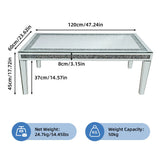 Coffee Tables: Silver Mirrored Coffee Table with Crushed Crystal Diamond Inlay Rectangular Center Table for Living Room