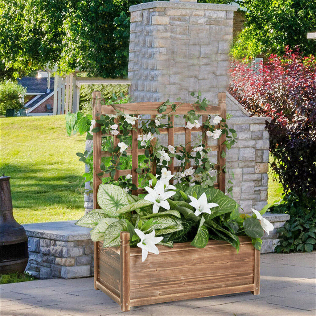 Garden Beds & Planters: Fin Large Wooden Planter Box Stand Flowerpot Box W/ Trellis Support Patio Lattice
