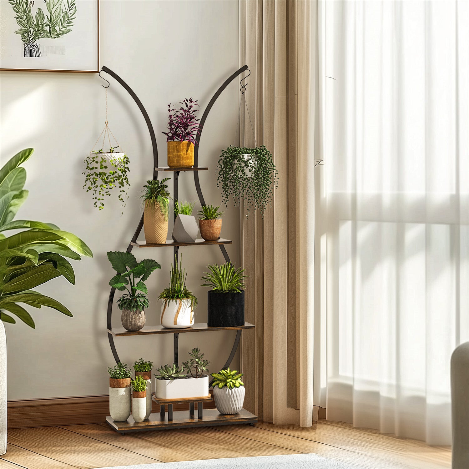 180Cm Tall Plant Stand Indoor Vase-Shape Metal Plant Shelf With Hanging Hooks