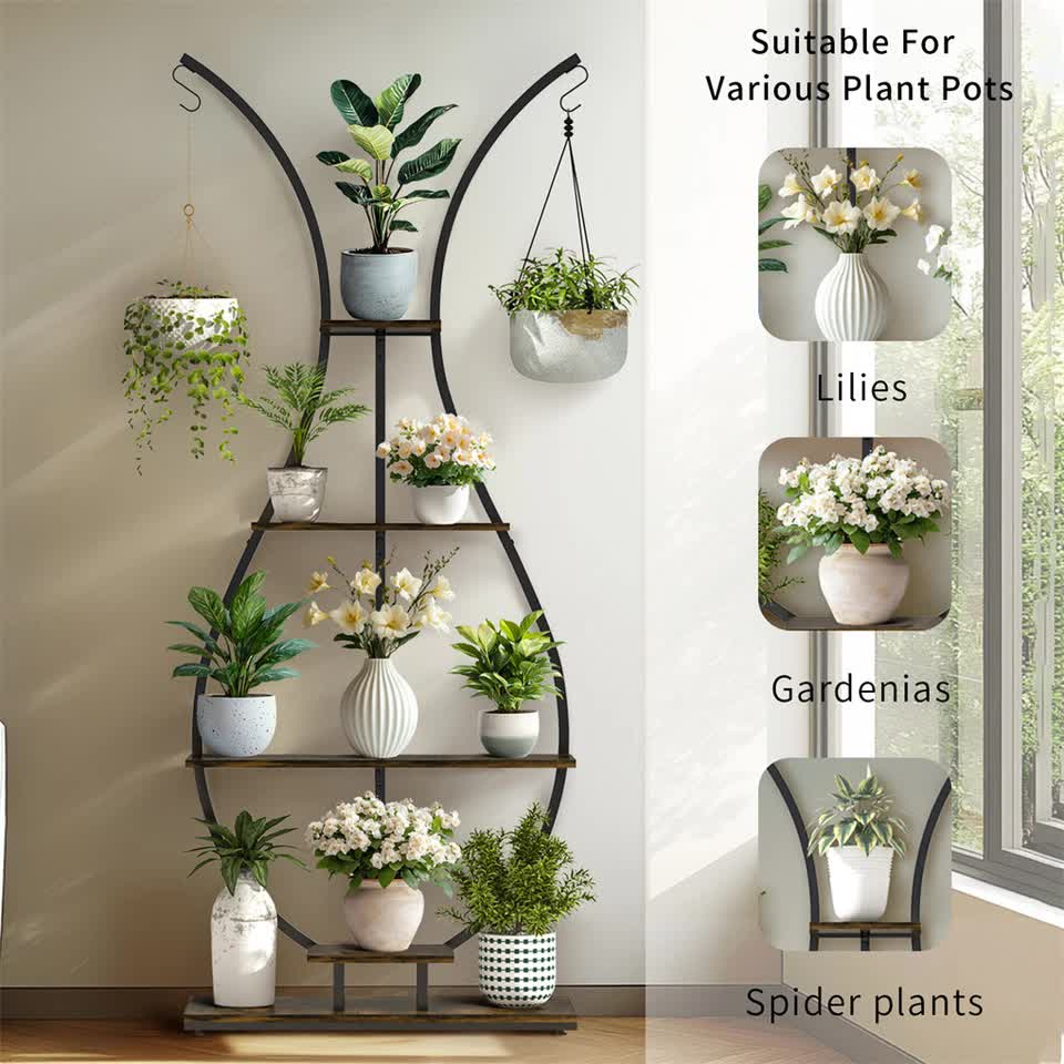 180Cm Tall Plant Stand Indoor Vase-Shape Metal Plant Shelf With Hanging Hooks