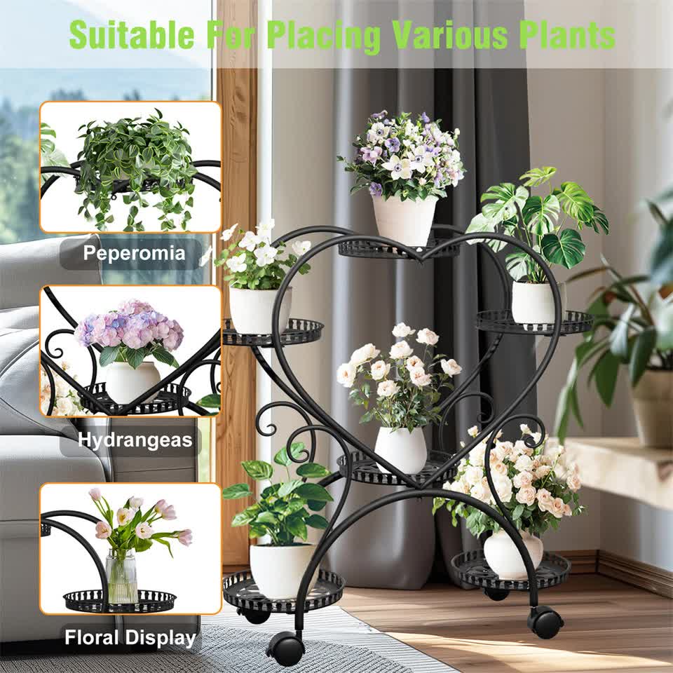 6 Potted Heart-shaped Metal Tall Plant Stand Rolling Garden Cart Flower Racks AU
