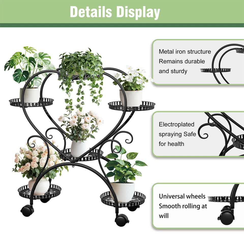 6 Potted Heart-shaped Metal Tall Plant Stand Rolling Garden Cart Flower Racks AU