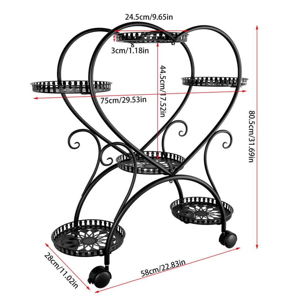 6 Potted Heart-shaped Metal Tall Plant Stand Rolling Garden Cart Flower Racks AU